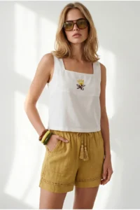 Olalook Women's Ecru Square Collar Embroidered Linen Blouse - Image 2