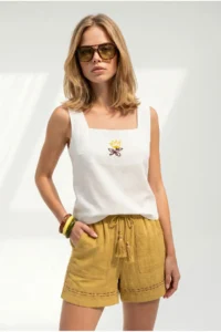 Olalook Women's Ecru Square Collar Embroidered Linen Blouse - Image 4