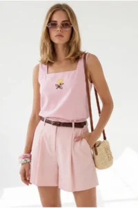 Olalook Women's Pink Square Collar Embroidered Linen Blouse
