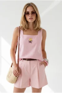 Olalook Women's Pink Square Collar Embroidered Linen Blouse - Image 2