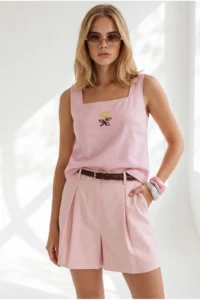 Olalook Women's Pink Square Collar Embroidered Linen Blouse - Image 3