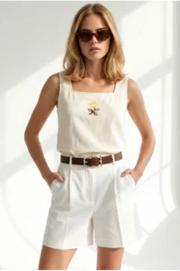 Olalook Women's Yellow Square Collar Embroidered Linen Blouse