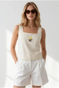 Olalook Women's Yellow Square Collar Embroidered Linen Blouse - Image 2
