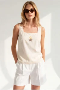 Olalook Women's Yellow Square Collar Embroidered Linen Blouse - Image 3