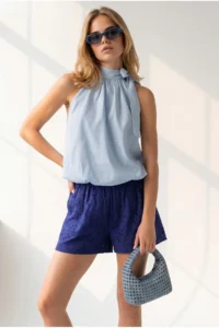 Olalook Women's Baby Blue Halter Collar Tie Detailed Overalls and Loose Blouse - Image 2