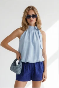 Olalook Women's Baby Blue Halter Collar Tie Detailed Overalls and Loose Blouse - Image 3