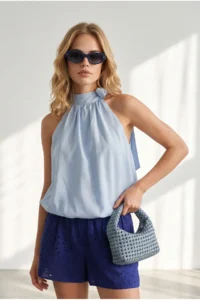 Olalook Women's Baby Blue Halter Collar Tie Detailed Overalls and Loose Blouse - Image 4