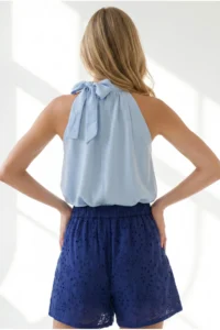Olalook Women's Baby Blue Halter Collar Tie Detailed Overalls and Loose Blouse - Image 5