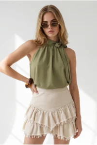 Olalook Women's Khaki Halter Collar Tie Detailed Overalls and Loose Blouse - Image 2
