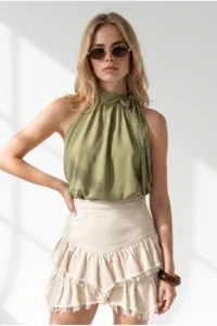 Olalook Women's Khaki Halter Collar Tie Detailed Overalls and Loose Blouse - Image 3
