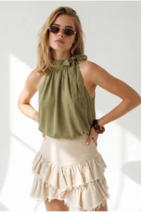 Olalook Women's Khaki Halter Collar Tie Detailed Overalls and Loose Blouse - Image 4