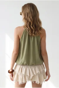 Olalook Women's Khaki Halter Collar Tie Detailed Overalls and Loose Blouse - Image 5