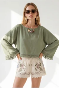 Olalook Women's Khaki Boat Neck Tassel Detailed Crinkle Blouse - Image 2