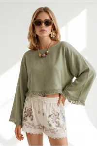 Olalook Women's Khaki Boat Neck Tassel Detailed Crinkle Blouse - Image 3