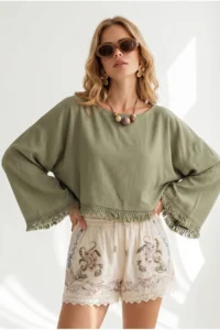 Olalook Women's Khaki Boat Neck Tassel Detailed Crinkle Blouse - Image 4