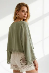 Olalook Women's Khaki Boat Neck Tassel Detailed Crinkle Blouse - Image 5