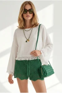 Olalook Women's White Boat Neck Tassel Detailed Crinkle Blouse - Image 2