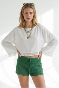 Olalook Women's White Boat Neck Tassel Detailed Crinkle Blouse - Image 4