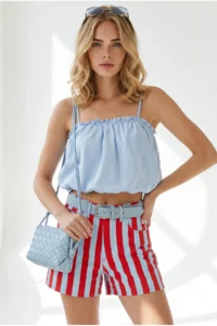 Olalook Women's Baby Blue Strappy Overalls and Loose Blouse