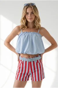 Olalook Women's Baby Blue Strappy Overalls and Loose Blouse - Image 2