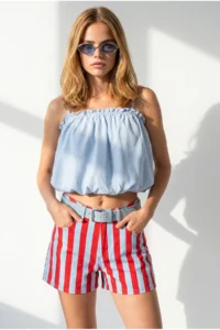 Olalook Women's Baby Blue Strappy Overalls and Loose Blouse - Image 3