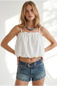 Olalook Women's White Strappy Overalls and Loose Blouse - Image 4