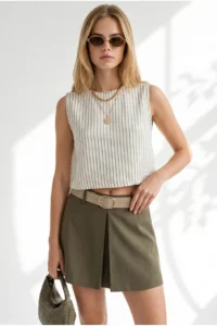 Olalook Women's Ecru Khaki Striped Crop Muslin Blouse