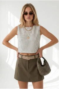 Olalook Women's Ecru Khaki Striped Crop Muslin Blouse - Image 2