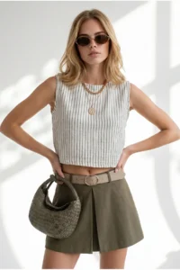 Olalook Women's Ecru Khaki Striped Crop Muslin Blouse - Image 3