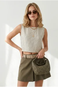 Olalook Women's Ecru Khaki Striped Crop Muslin Blouse - Image 4