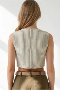 Olalook Women's Ecru Khaki Striped Crop Muslin Blouse - Image 5