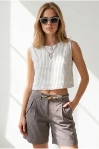 Olalook Women's White Black Striped Crop Muslin Blouse
