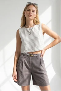 Olalook Women's White Black Striped Crop Muslin Blouse - Image 2