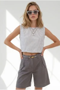 Olalook Women's White Black Striped Crop Muslin Blouse - Image 3