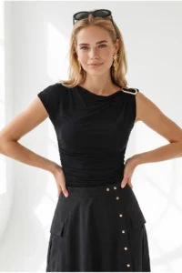 Olalook Women's Black Shoulder Accessory Detailed Sandy Blouse