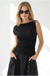 Olalook Women's Black Shoulder Accessory Detailed Sandy Blouse - Image 4