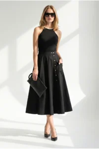 Olalook Women's Black Halter Collar Chain Garnished Fitted Flexible Ribbed Blouse - Image 3