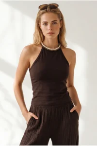 Olalook Women's Brown Halter Collar Chain Garnished Fitted Flexible Ribbed Blouse - Image 4