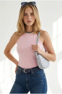 Olalook Women's Pink Halter Collar Chain Garnished Fitted Flexible Ribbed Blouse - Image 3