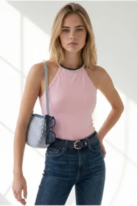 Olalook Women's Pink Halter Collar Chain Garnished Fitted Flexible Ribbed Blouse - Image 4