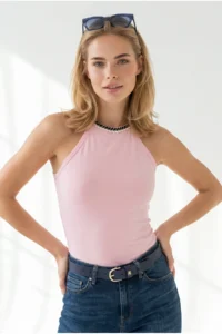 Olalook Women's Pink Halter Collar Chain Garnished Fitted Flexible Ribbed Blouse - Image 5