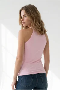 Olalook Women's Pink Halter Collar Chain Garnished Fitted Flexible Ribbed Blouse - Image 6