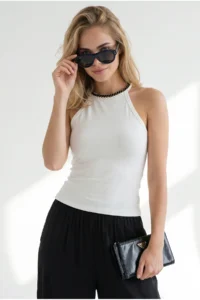 Olalook Women's White Halter Collar Chain Garnished Fitted Flexible Ribbed Blouse - Image 3