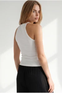 Olalook Women's White Halter Collar Chain Garnished Fitted Flexible Ribbed Blouse - Image 4