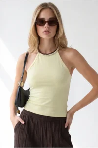 Olalook Women's Yellow Halter Collar Chain Garnished Fitted Flexible Ribbed Blouse