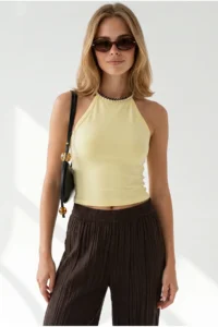 Olalook Women's Yellow Halter Collar Chain Garnished Fitted Flexible Ribbed Blouse - Image 2