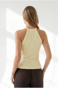 Olalook Women's Yellow Halter Collar Chain Garnished Fitted Flexible Ribbed Blouse - Image 5