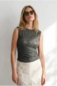 Olalook Women's Khaki Drape Detailed Backless Lace Blouse - Image 3