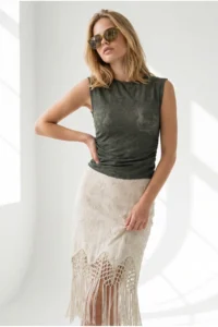 Olalook Women's Khaki Drape Detailed Backless Lace Blouse - Image 5