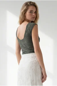 Olalook Women's Khaki Drape Detailed Backless Lace Blouse - Image 6